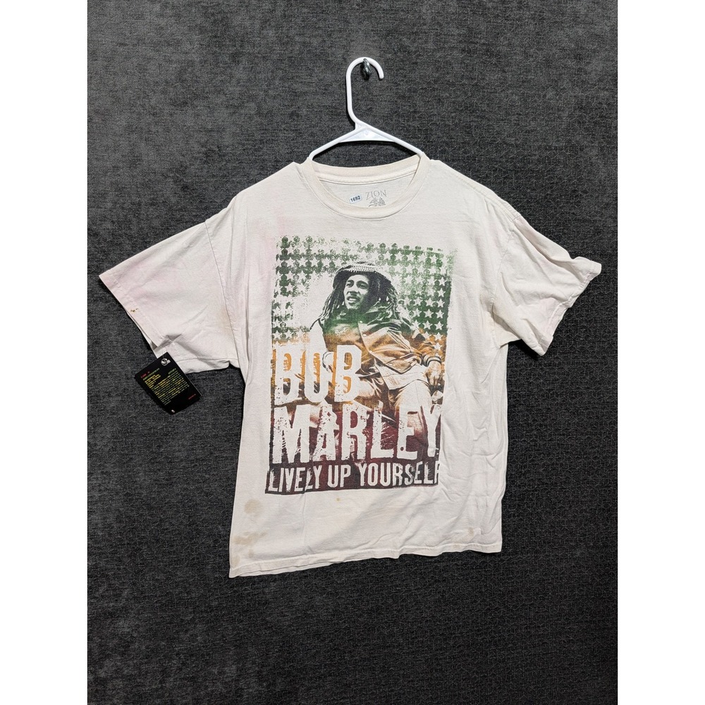 Zion Rootswear Bob Marley Lively Up Yourself Graphic T-Shirt Cream Mens L 1692